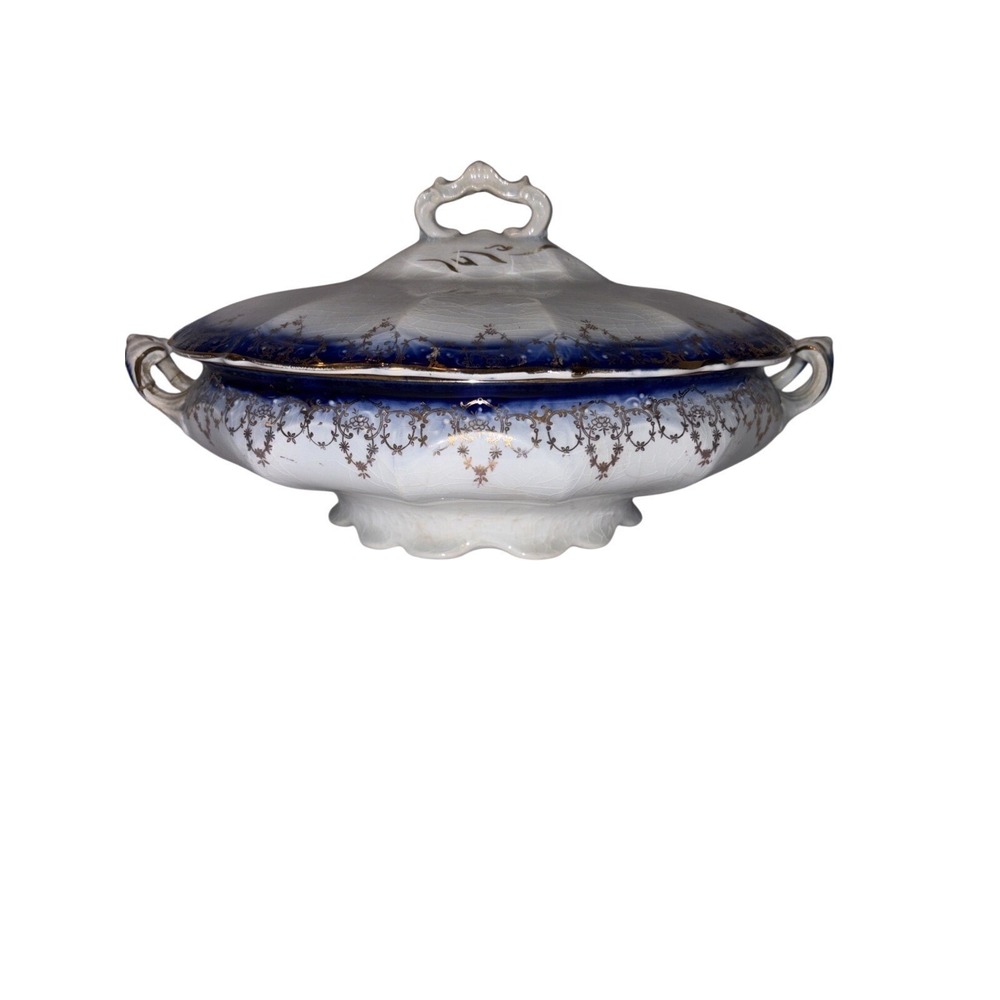 Imperial China Antique Flow Blue Gold Gilding With Scalloped Edges Tureen